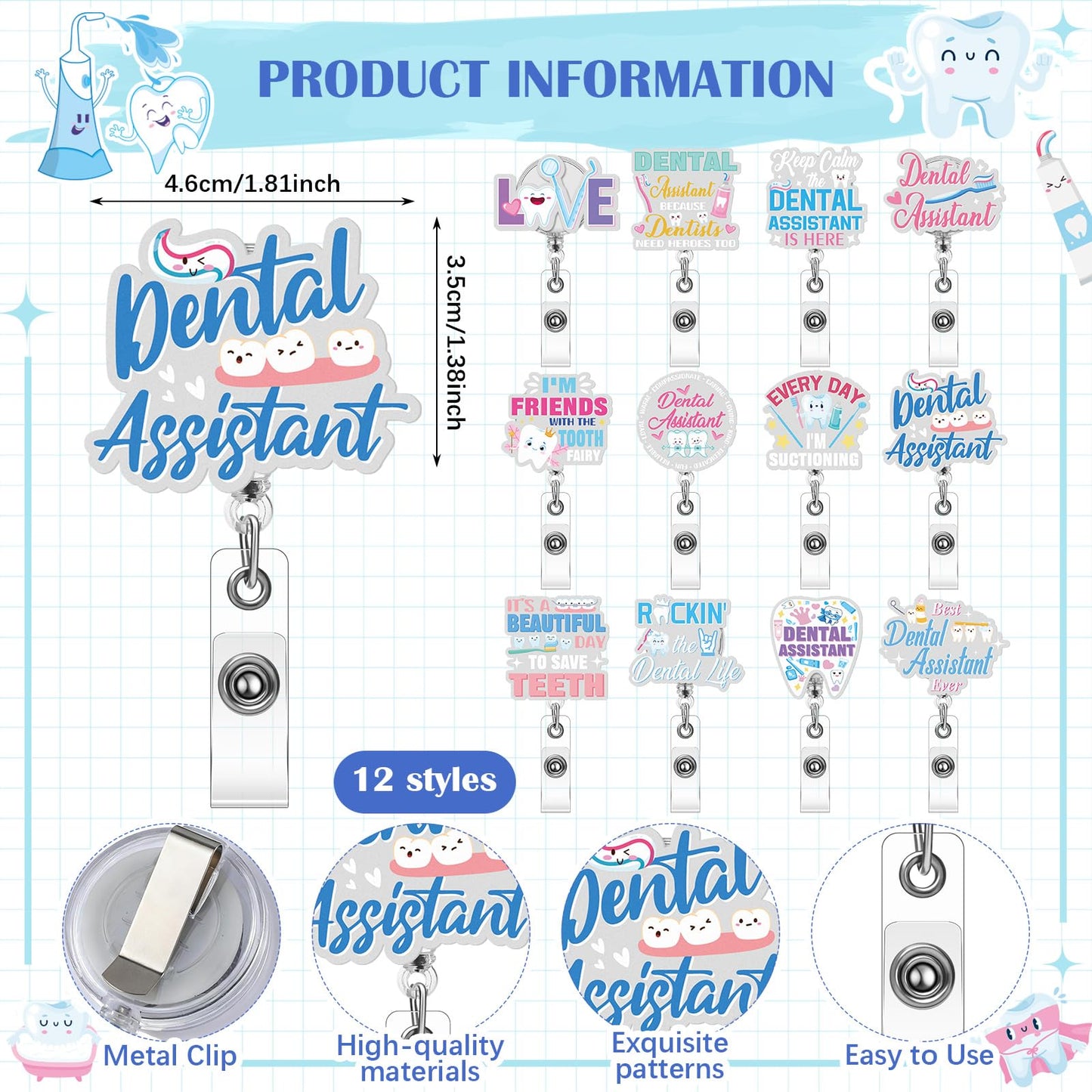 24 Pcs Dental Assistant Appreciation Gifts Bulk 12 Makeup Bag 12 Retractable Badge Reels Toothbrush Tooth Medical Gift for Dentist Hygienist Student Assistant