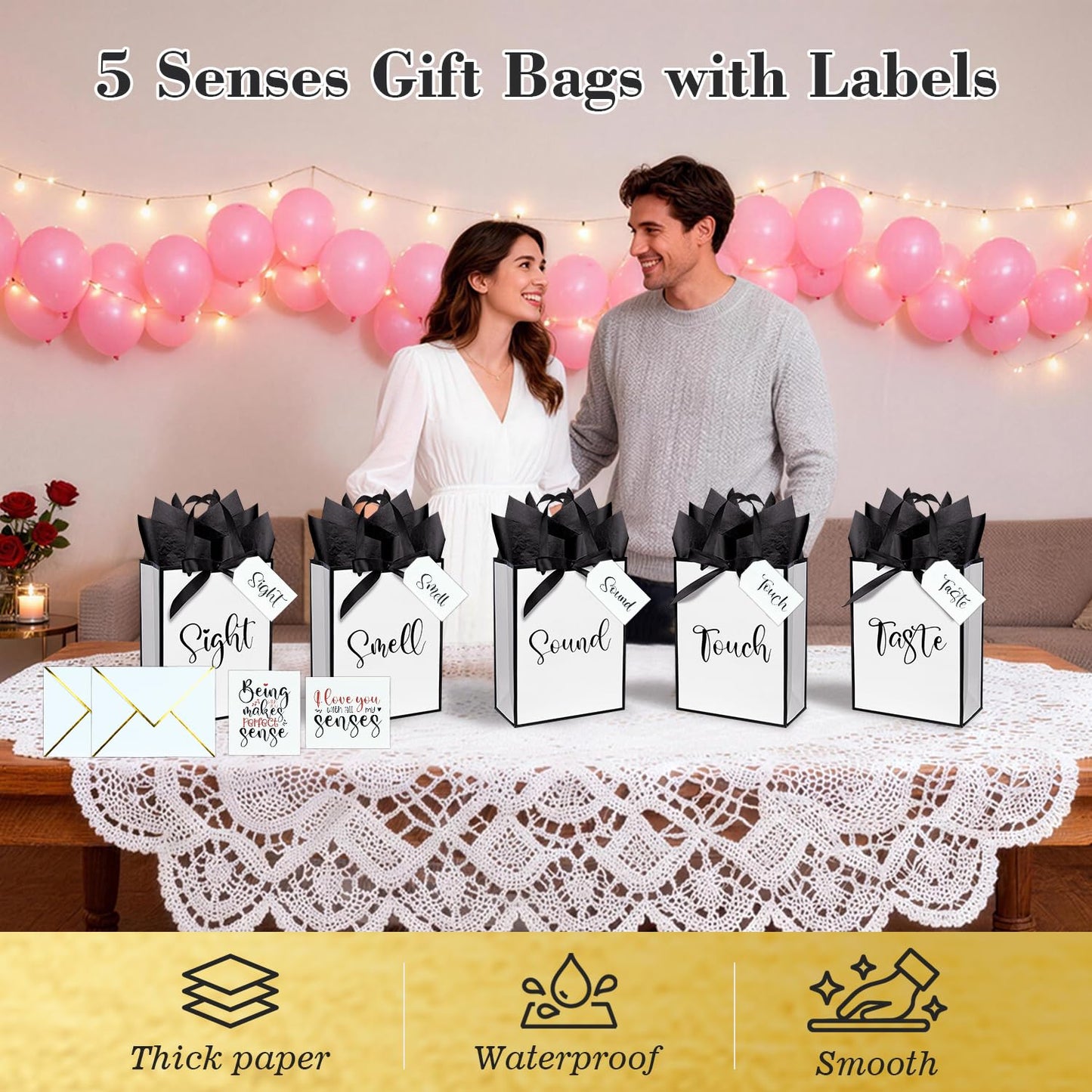 Nimbbex 5 Senses Gift Bags For Him with Labels, Five Senses Gift Bags with Cards, Envelopes and Ribbons for Valentine'S Day, Birthday, Anniversary, Mother'S Day,Father'S Day 9X7X3.2 Inches (White)