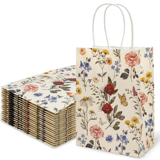 48Pcs Vintage Wildflower Paper Gift Bags With Handles Retro Floral Treat Bags Goodie Candy Party Favor Bag for Grocery Shopping Baby Shower Wedding Party Supplies
