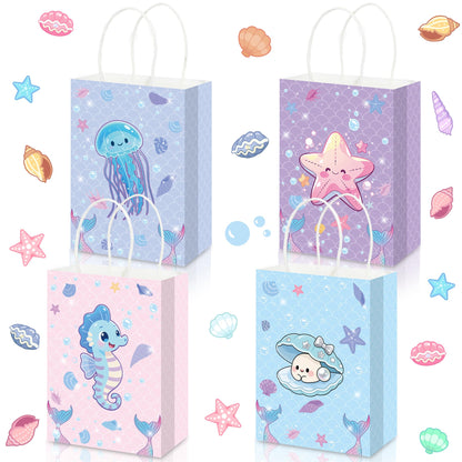 Pineraap 24Pcs Ocean Animals Party Favor Bags with Handles, Mermaid Gift Goodie Treat Paper Bags, Under the Sea Theme Gift Paper Bag for Girls Boys Kids Birthday, Mermaid Theme Party, Baby Shower