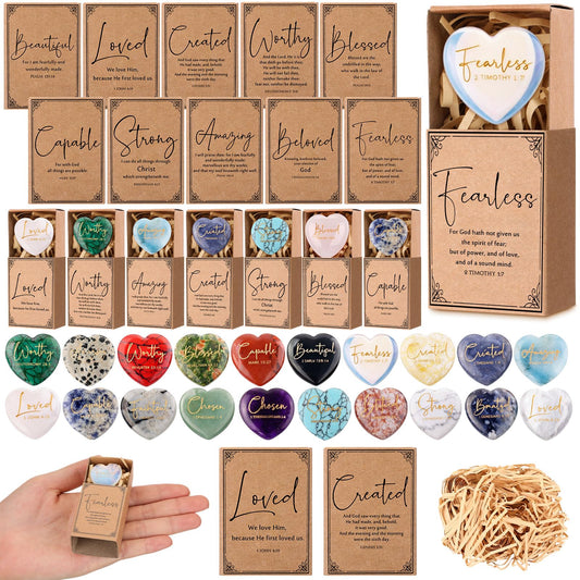 Potchen 20 Set Christian Scripture Gifts for Women Natural Heart Crystal Stone Engraved Bible Verse with Scripture Match Storage Box Raffia Church Religious VBS Inspirational Gift Rocks (Multicolor)