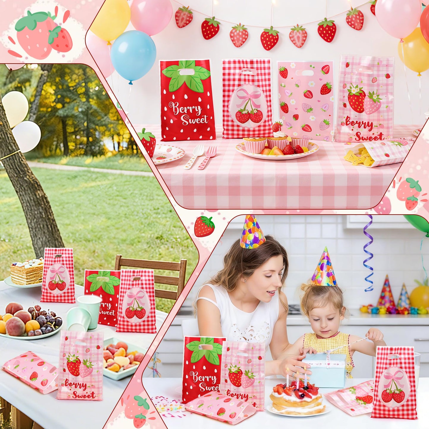 40Pcs Strawberry Goodie Bags,9.8x6.6Inch Red Plastic Strawberry Candy Party Favor Bags with Handles,Pink Bow Berry Sweet Gift Bags for Birthday,Baby Shower,Summer Themed Party Wedding Decor Supplies(40)