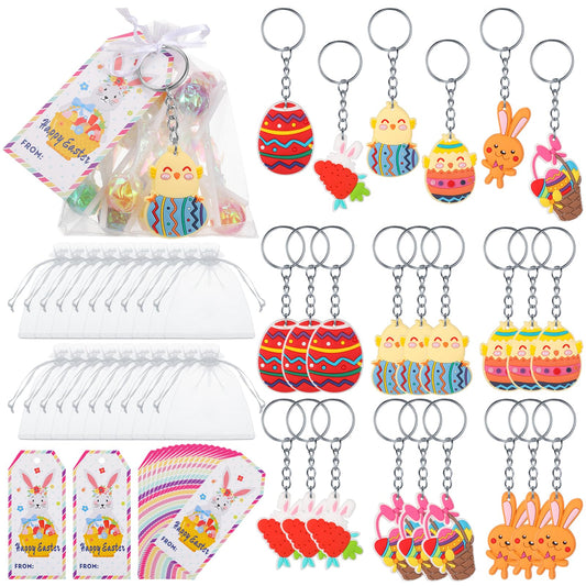 Huquary 24 Set Easter Students Gifts Include Rabbit Easter Egg Keychain, Gift Label Tags, Organza Bags Easter Basket Hunt Party Favors Easter Basket Stuffers Classroom Gifts