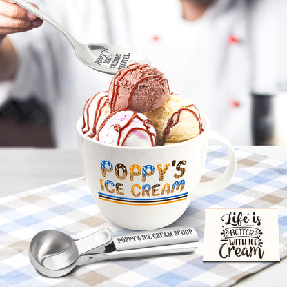 Poppy Gifts, Poppy's Gift Ice Cream Bowl Scoop Shovel Spoon Set, Grandpa Ice Cream Gift from Grandkids, Ideal Xmas Birthday Father's Day Man Gifts