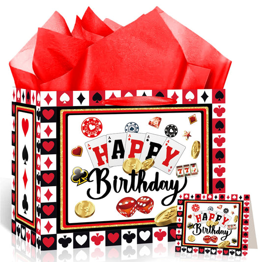 Woosytoo Casino Birthday Gift Bags with Card and Wrapping Paper Casino Party Favors Las Vegas Poker Themed Gift Bag for Men Women Christmas Casino Birthday Party Decorations Supplies