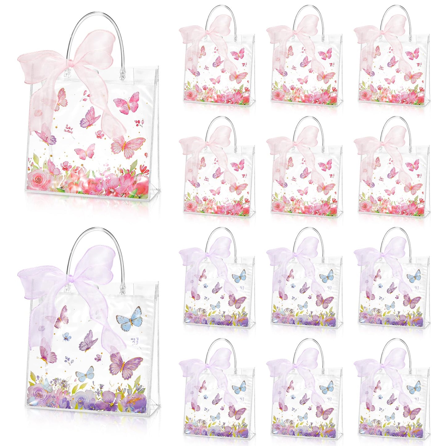 Hosuly 24 Pcs Butterfly Gift Bags with Ribbon, Clear PVC Spring Butterfly Treat Bags with Handles, Reusable Pink Purple Transparent Favor Bag for Wedding, Baby Shower, Birthday, Theme Party