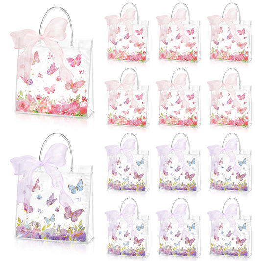 Hosuly 24 Pcs Butterfly Gift Bags with Ribbon, Clear PVC Spring Butterfly Treat Bags with Handles, Reusable Pink Purple Transparent Favor Bag for Wedding, Baby Shower, Birthday, Theme Party