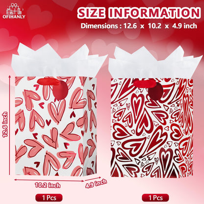 OFIHANLY 2 Pack 12.6" Medium Size Happy Valentine's Day Gift Bags with Handles for Women Her Red Heart Paper Gift Wrap Bags with Tissue Paper for Kids