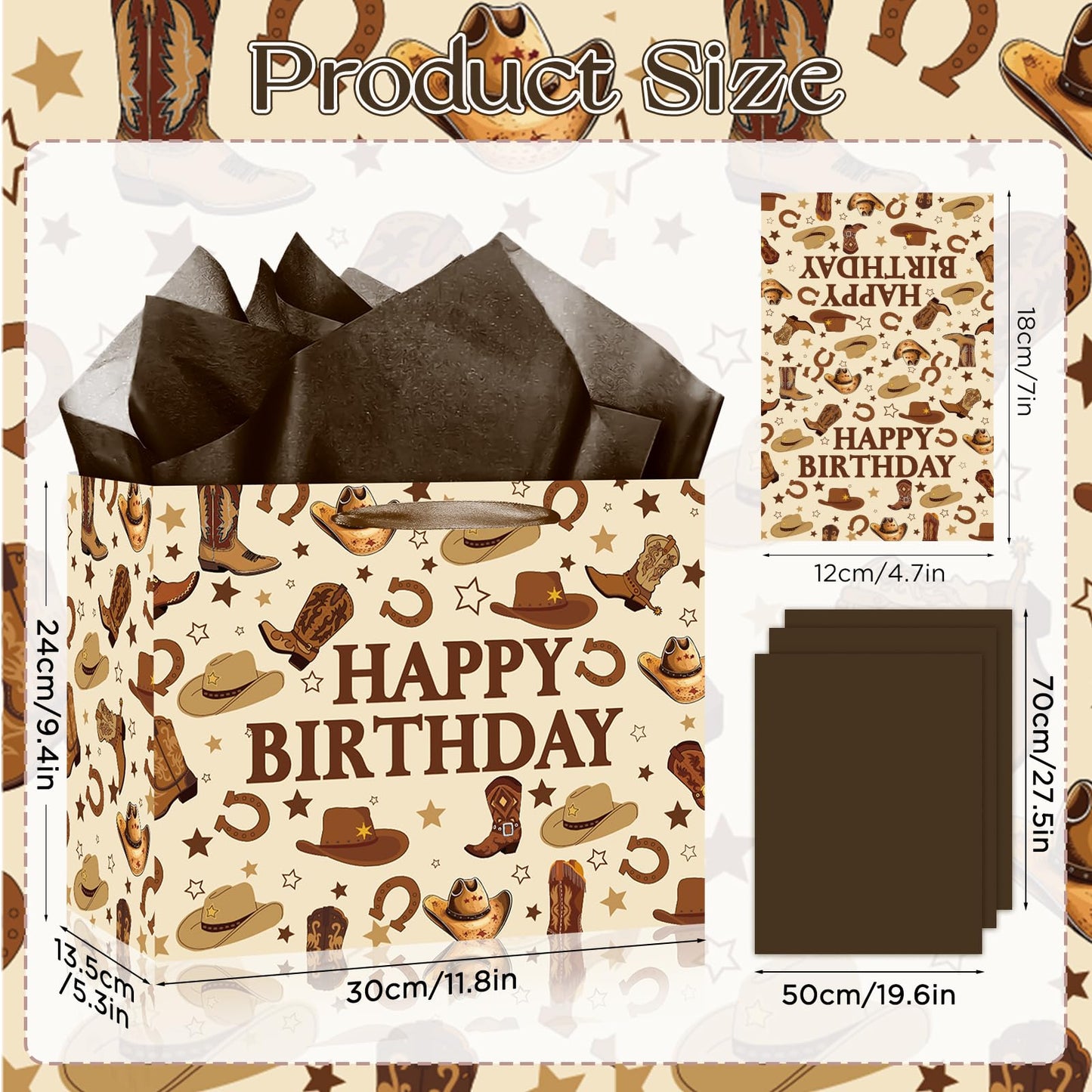 TagreSpike Western Cowboy Birthday Gift Bag for Boys Men Rustic Rodeo Gift Wrapping Bag with Dark Brown Tissue Paper & Card - Country Farm Theme Party Supplies Presents for Kids Son My First Rodeo