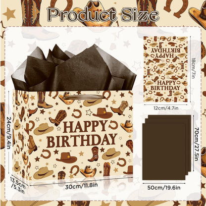 TagreSpike Western Cowboy Birthday Gift Bag for Boys Men Rustic Rodeo Gift Wrapping Bag with Dark Brown Tissue Paper & Card - Country Farm Theme Party Supplies Presents for Kids Son My First Rodeo