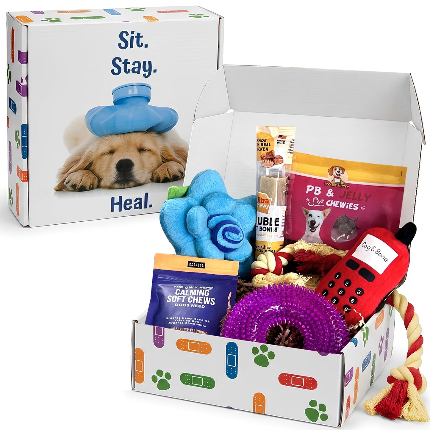 Get Well Soon Dog Gifts, Dog Care Package, Puppy Gift Basket with 3 Dog Treats and 4 Toys, Adorable Puppy Gift Basket, Pet Care Package
