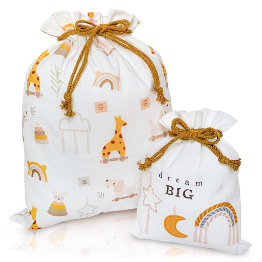 Gather & Knot Drawstring Gift Bags | 20" Large 12" Small | Premium Canvas | Reusable Fabric Wrap for Baby Shower, Neutral Gender Reveal, Kid Birthday | Boho Toy