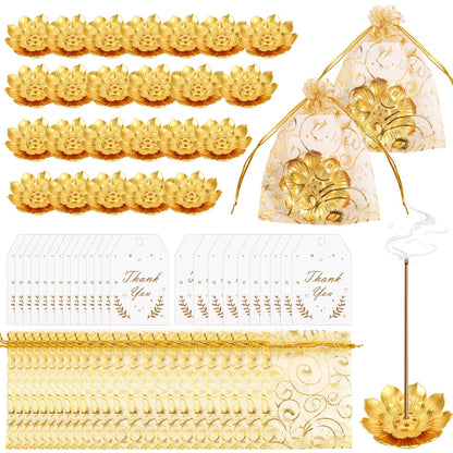 72 Pack Diwali Gifts Bulk, Lotus Incense Holder, Indian Return Gifts for Pooja Bulk, Gold Lotus Incense Sticks Holder with Organza Bags & Thank You Cards, Indian Return Gift (72 Pack)