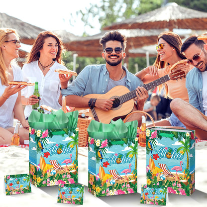 Summer Hawaiian Gift Bag, Aloha Beach Birthday Wrapping Paper Bag with Card Tissue Paper Tropical Luau Gift Bag for Retirement Weddings Bridal Showers Baby Showers Hawaii Party Decorations Supplies