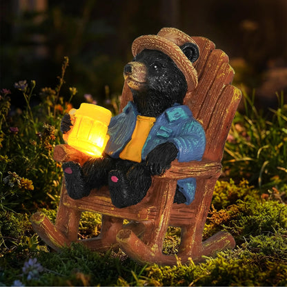 4.3" Miniature Solar Black Bear Garden Statue - Small Funny Bear in Rocking Chair with Glowing Beer Mug, Whimsical Outdoor Figurine for Patio & Desktop, Unique Birthday Gift for Dad/Men