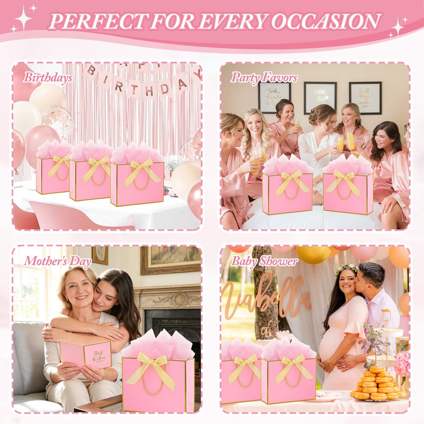 Addblu 2 Pack Large Gift Bags with Handles & Tissue Papers, 12.6×10×4 Inches Thank You Gift Bags with Cards for Mother’s Day, Birthday, Baby Shower, Wedding & Bridesmaids (Pink Gift Bag, 2 PCS)