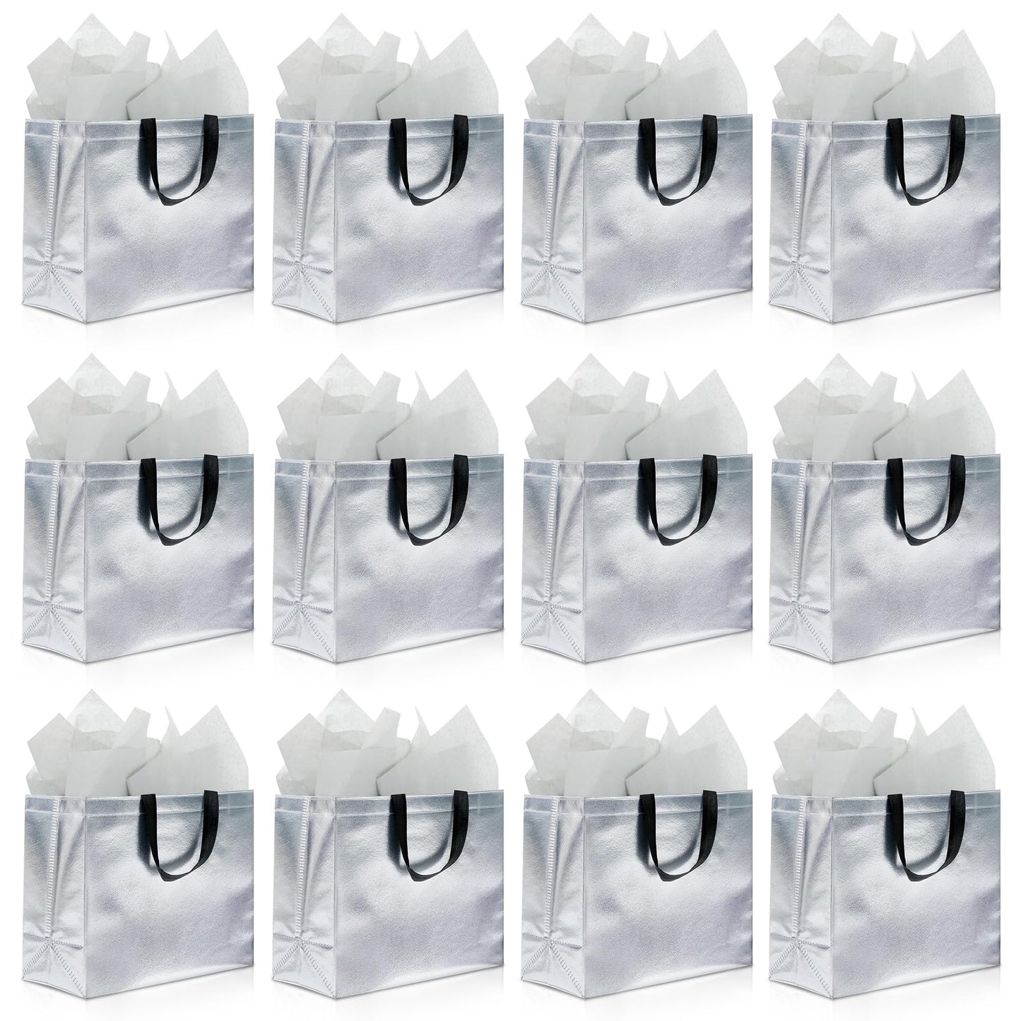 KeerxunBag 12Pcs Reusable Gift Bags（Includes Tissue Paper） Gift bag with handle Birthdays Parties Holidays Weddings Medium 13x5x11in Silver Gift Bags
