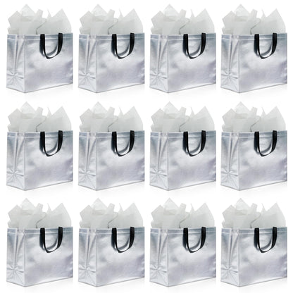 KeerxunBag 12Pcs Reusable Gift Bags（Includes Tissue Paper） Gift bag with handle Birthdays Parties Holidays Weddings Medium 13x5x11in Silver Gift Bags