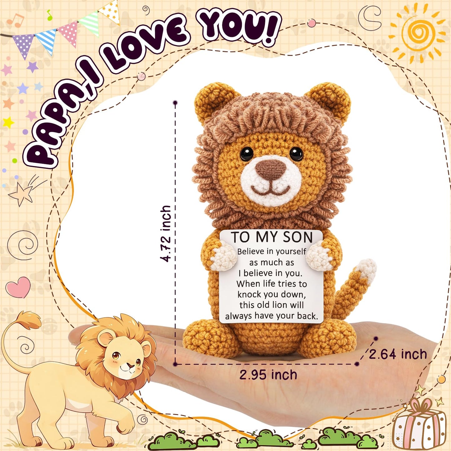 Son Gifts from Mom, Graduation Birthday Crochet for Teen Boy College Military Adult, Lion Encouragement Present to My Son from Mother Dad Father, Inspirational Keepsake Gift Desk Decorations