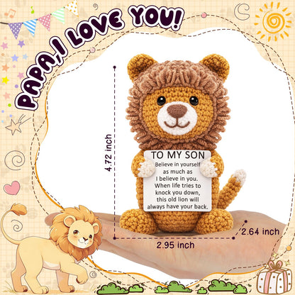 Son Gifts from Mom, Graduation Birthday Crochet for Teen Boy College Military Adult, Lion Encouragement Present to My Son from Mother Dad Father, Inspirational Keepsake Gift Desk Decorations
