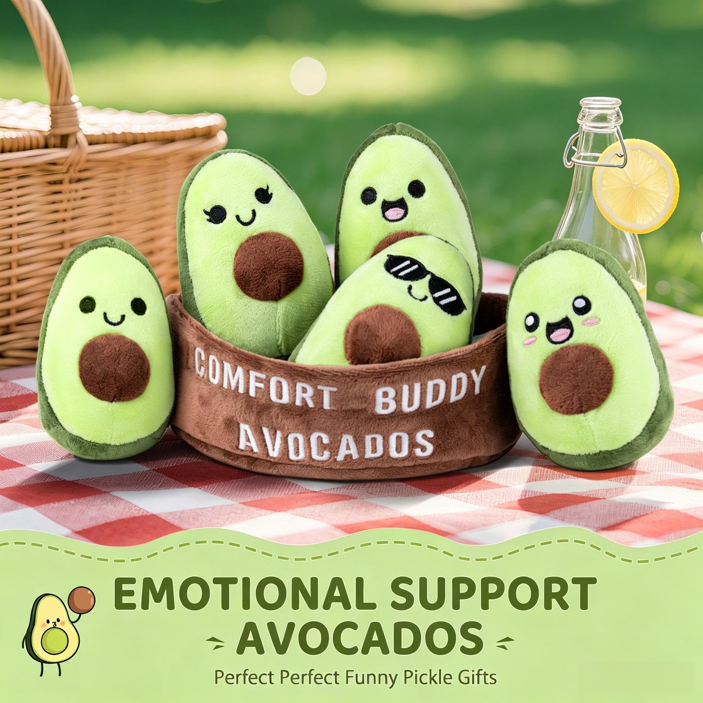 Emotional Support Plush Avocados, Squishy Stuffed Animals and Plushies Set, Includes 5 Emotional Support Food Plushies with Carrying Basket, Cute Stuff and Great Gifts for Women Men