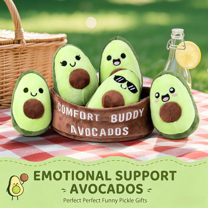 Emotional Support Plush Avocados, Squishy Stuffed Animals and Plushies Set, Includes 5 Emotional Support Food Plushies with Carrying Basket, Cute Stuff and Great Gifts for Women Men