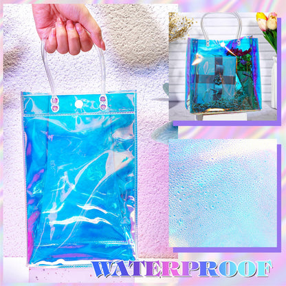 Sherr 16 Pcs Holographic Small Gift Bag Reusable Iridescent Clear Bags for Women PVC Plastic Goodie Holder with Handles for Shopping Christmas Holiday Party Favor(6.3" x 9.84" x 3.15",Rainbow)