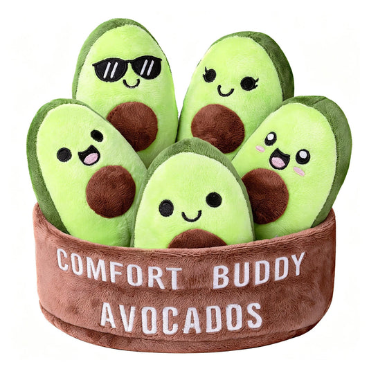 Emotional Support Plush Avocados, Squishy Stuffed Animals and Plushies Set, Includes 5 Emotional Support Food Plushies with Carrying Basket, Cute Stuff and Great Gifts for Women Men