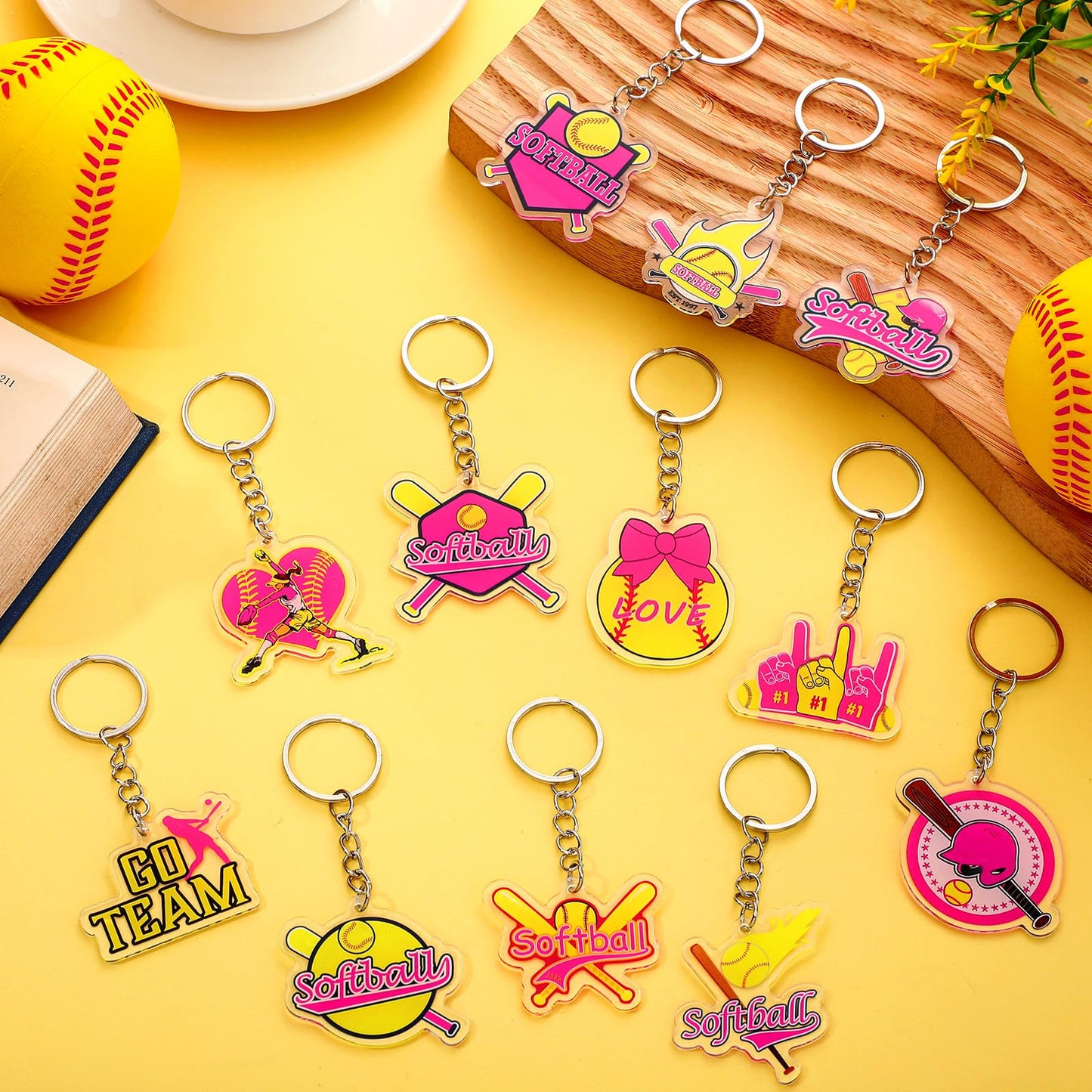 Tondiamo 24 Pcs Softball Acrylic Keychain Gifts Bulk Pink Acrylic Softball Sports Ball Keychain Gifts Go Team Key Ring for Women Men
