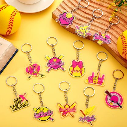 Tondiamo 24 Pcs Softball Acrylic Keychain Gifts Bulk Pink Acrylic Softball Sports Ball Keychain Gifts Go Team Key Ring for Women Men