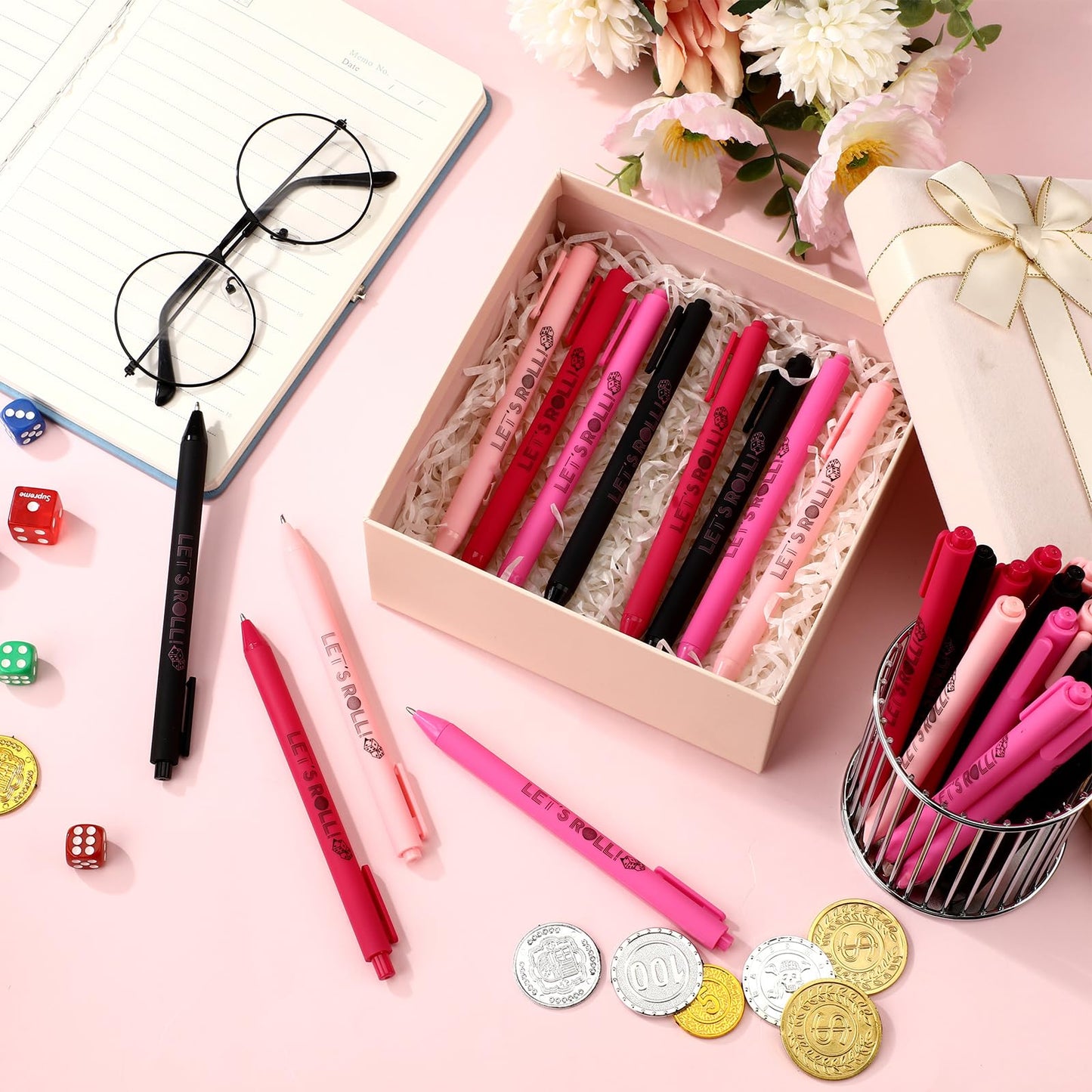 Sayglossy 25 Pcs Let's Roll Ballpoint Pens Gifts Bulk for Guests Women Dice Players Casino Themed Wedding Party Supplies Las Vegas Night Party Favors