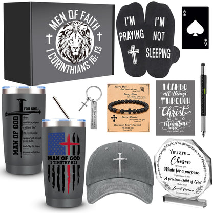 JTAMOHI 10 Pcs Christian Gifts for Men Faith, Inspirational Religious Gifts, Catholic Gift with 20 Oz Tumbler Bible Verses Crystal Plaque Hat Socks Bracelet for Husband, Dad, Grandpa, Friends