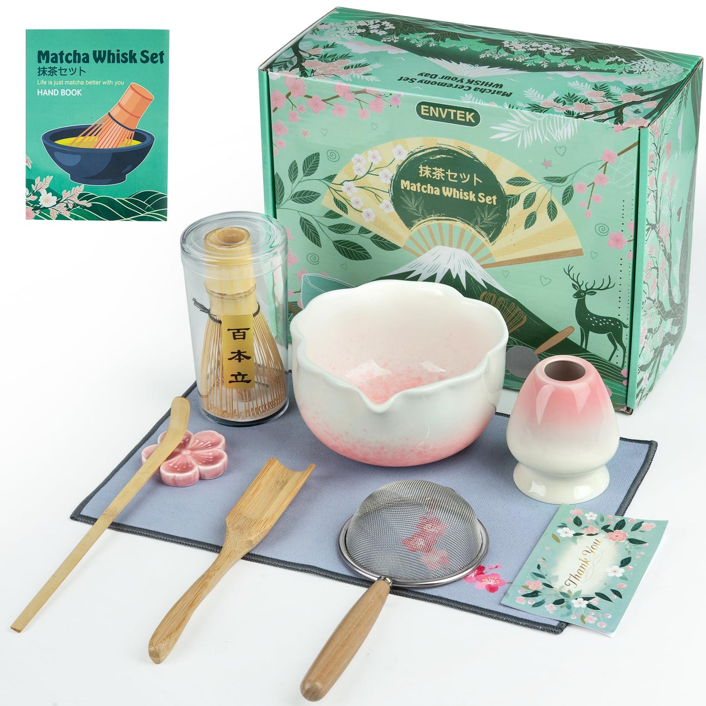 ENVTEK 8Pcs Matcha Whisk Set with Floral Ceramic Matcha Bowl, Wooden-Handled Sifter, Bamboo Whisk, Whisk Holder, Bamboo Scoop, Scoop Rest, Spoon, Tea Towel, Greeting card, Gift for Beginners