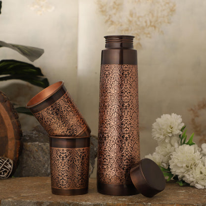 Pure Copper Water Bottle with 2 Tumblers Set, Beautiful Floral Pattern Light House Shape For Ayurveda Health Benefits