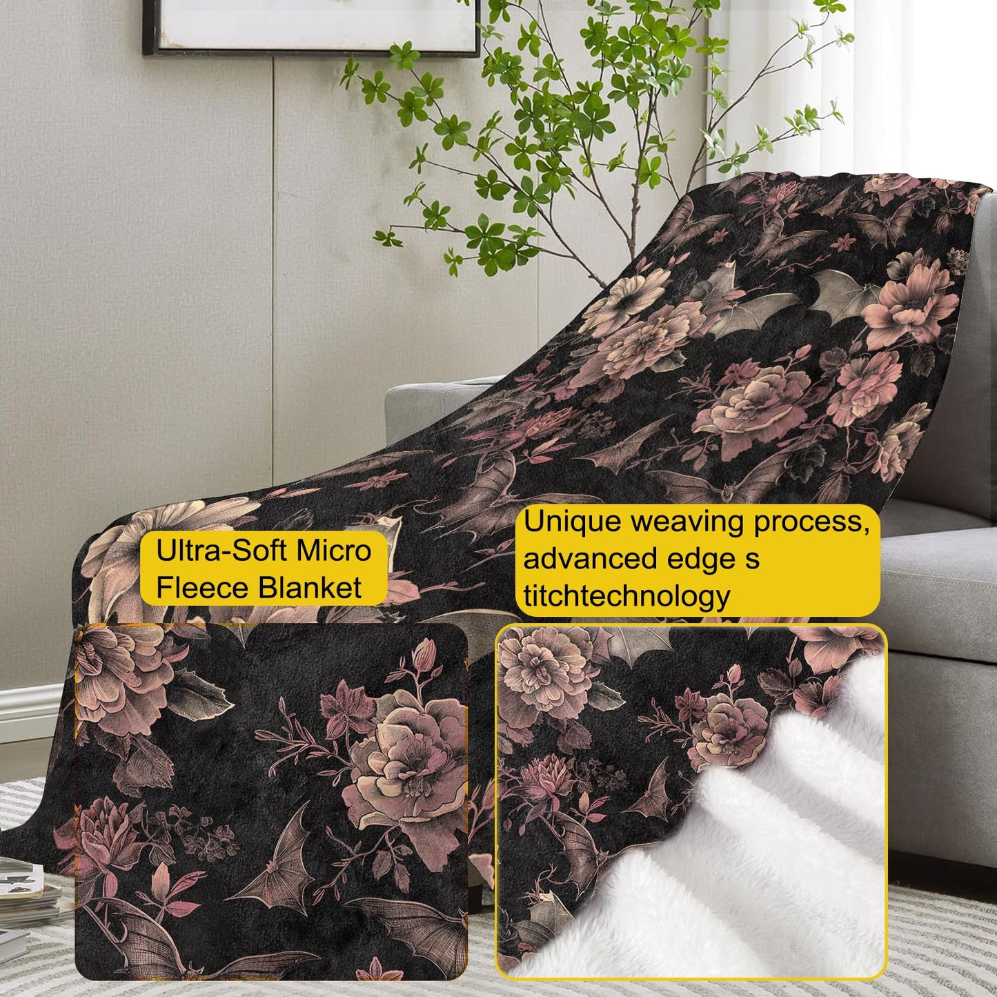 Gothic Blanket, Floral and Bat Flannel Throw Blankets,Soft Warm Lightweight Cozy Plush Halloween Goth Throws for Bedroom Sofa Home Decor Gifts for Women Girls 50"x60"