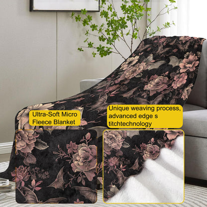 Gothic Blanket, Floral and Bat Flannel Throw Blankets,Soft Warm Lightweight Cozy Plush Halloween Goth Throws for Bedroom Sofa Home Decor Gifts for Women Girls 50"x60"