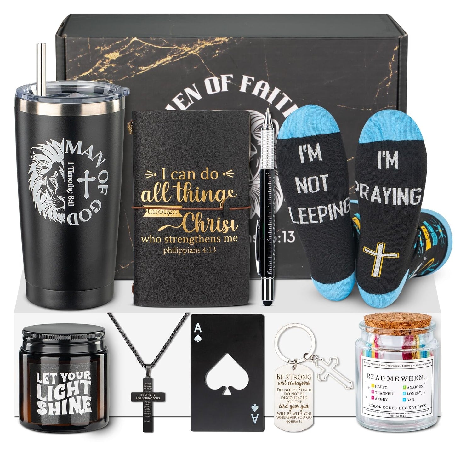 Christian Gifts For Men, Mens Easter Basket Stuffers, Catholic & Religious Gift For Men, God, Jesus, Faith Based Gifts With Prayer Jar, Bible Notebook, Encouragement Church Gifts For Pastor, Dad, Son
