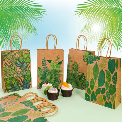 HOWAF 12pcs Summer Tropical Palm Leaves Gift Bags, Tropical Leaf Candy Goody Bag for Hawaii Summer Aloha Tiki Luau Supplies, Green Monstera Leaf Paper Bags for Baby Shower Bachelorette Party