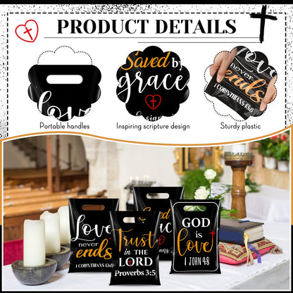 Pasimy 100 Pcs Christian Gift Bags Bulk 6.7 x 9.8 In Plastic Bible Verse Religious Goodie Bags Inspirational Scripture Treat Candy Party Favor Pouch for Church Jesus Birthday Gifts(Black,Elegant)