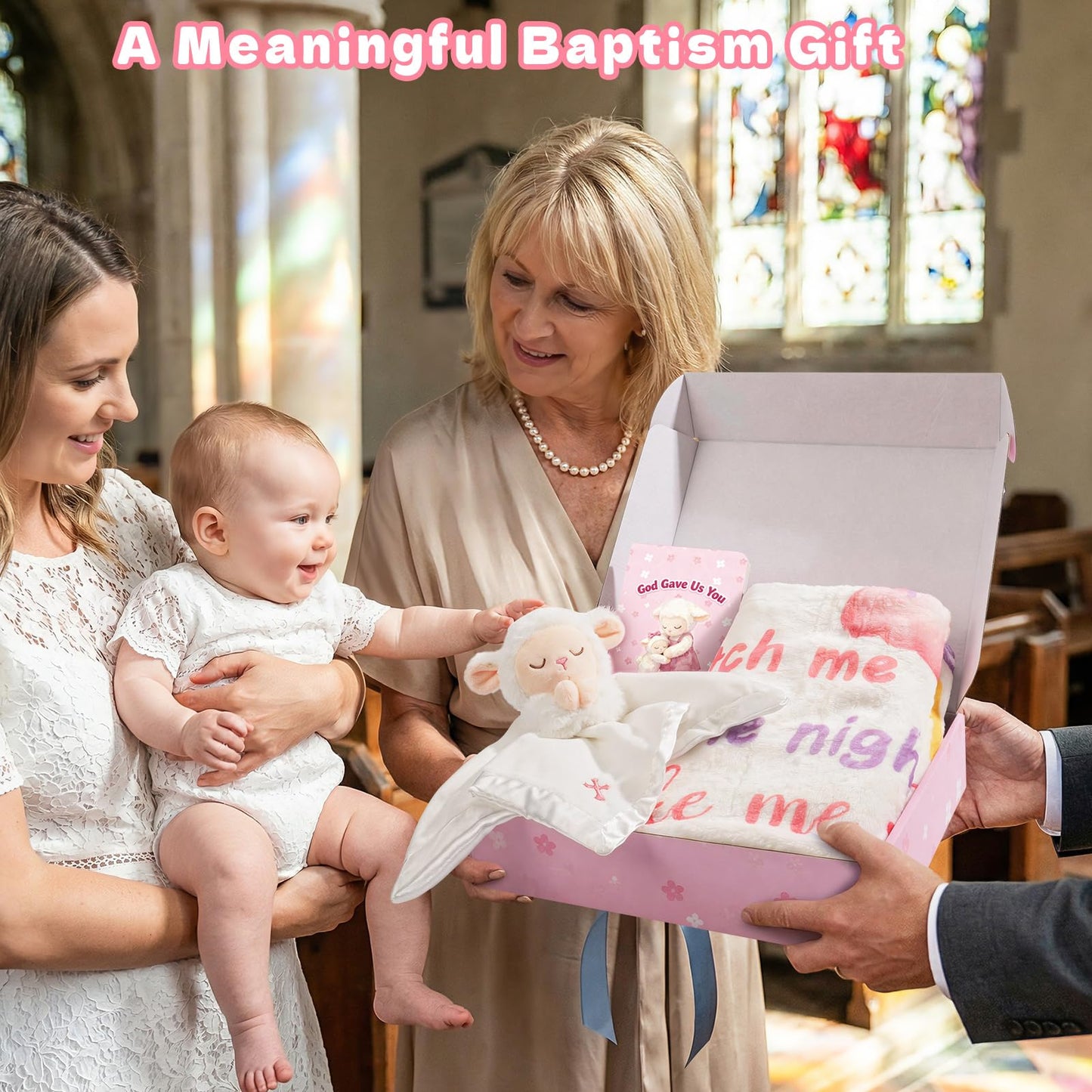 Baptism Gifts for Girl, Loveys for Babies Lamb Security Blanket, Plush Lamb Lovey with Cross Embroidery, Christening Gift Set with Baby Blanket & First Prayer Book