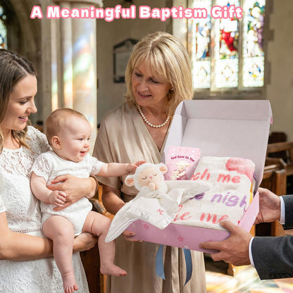 Baptism Gifts for Girl, Loveys for Babies Lamb Security Blanket, Plush Lamb Lovey with Cross Embroidery, Christening Gift Set with Baby Blanket & First Prayer Book