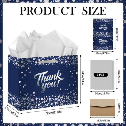 Large Thank You Gift Bag - Blue Silver Gift Wrapping Paper Bag with Tissue Paper and Greeting Card with Envelope - Elegant Silver Foil Design for Weddings, Baby Showers, Graduation, and Corporate Events