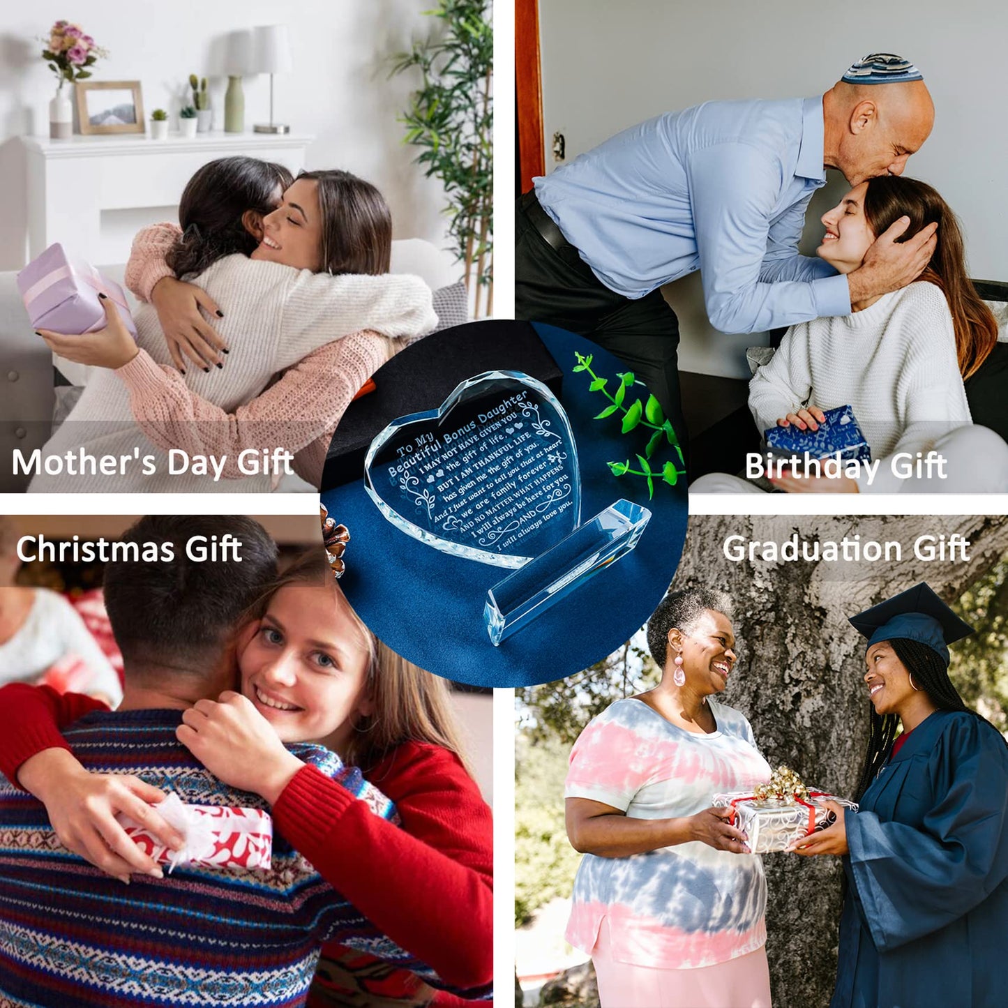 YWHL Bonus Daughter Gifts from Mom Dad, To My Bonus Daughter Heart Shaped Crystal Keepsake, Gifts for Stepdaughter from Stepmom Stepdad on Birthday Christmas Graduation