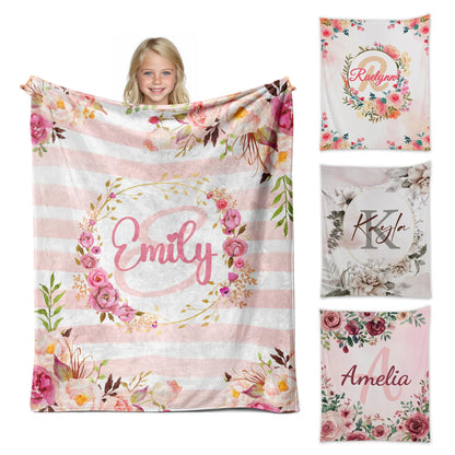 Personalized Baby Blanket for Girls with Name, Custom Baby Girl Blanket, Soft Receiving Blanket for Newborn, Personalized Baby Gifts & Personalized Blankets for Kids(Flroal Name-c)