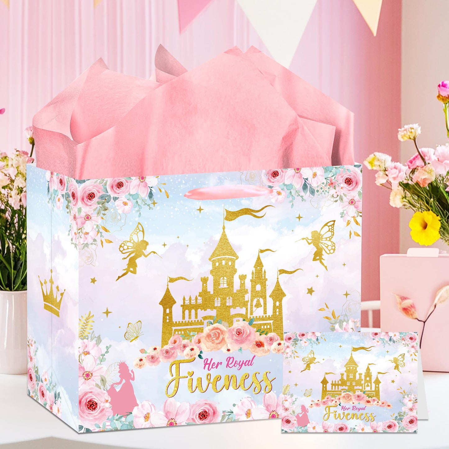 MOIZYNG Her Royal Fiveness Birthday Gift Bag, Pink Gold Castle Floral Princess 5th Birthday Gift Wrap Bags with Handles, Tissue Paper and Greeting Card for Girls 5 Year Old Party Favors Decorations