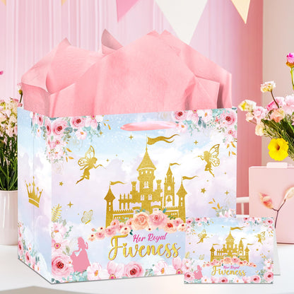 MOIZYNG Her Royal Fiveness Birthday Gift Bag, Pink Gold Castle Floral Princess 5th Birthday Gift Wrap Bags with Handles, Tissue Paper and Greeting Card for Girls 5 Year Old Party Favors Decorations