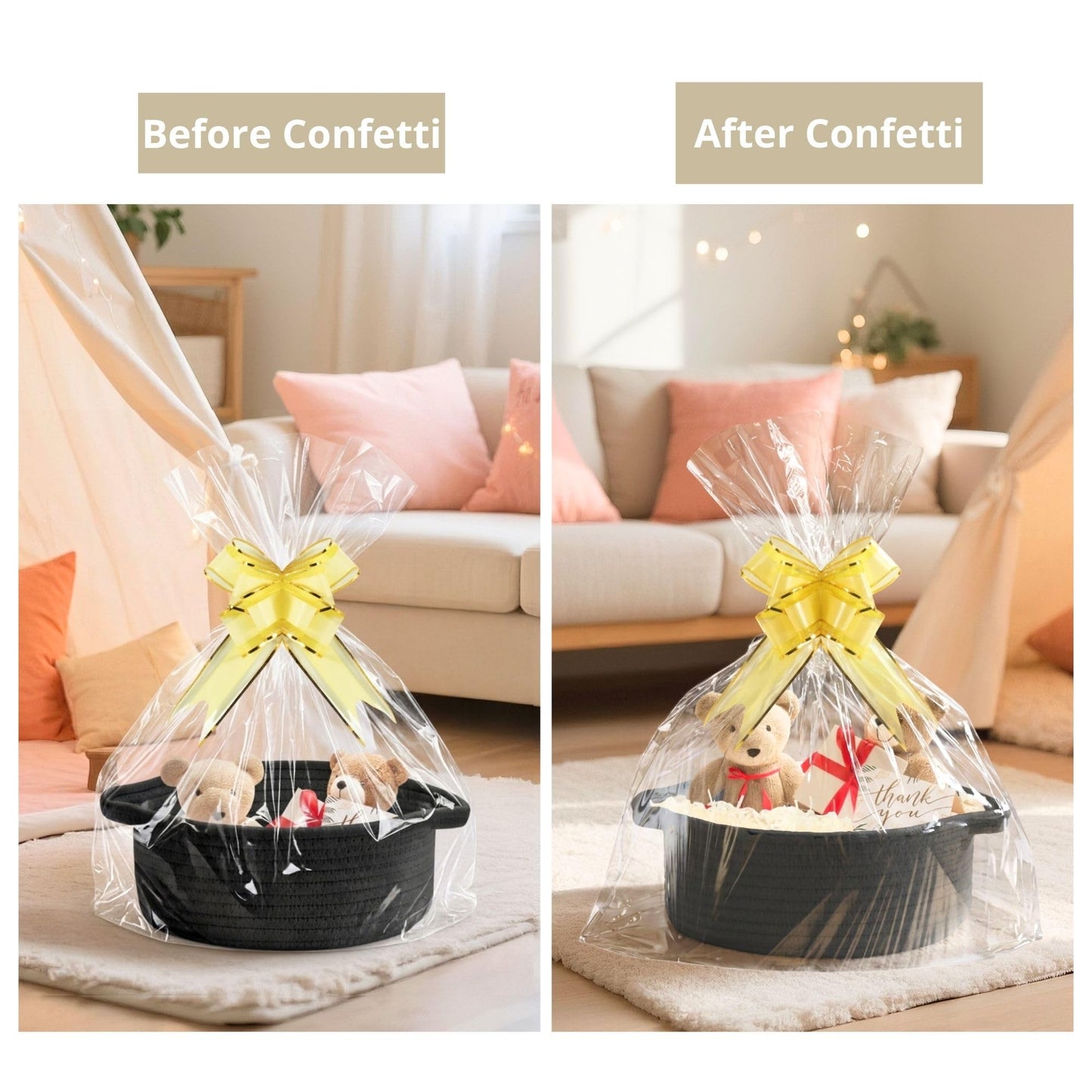 momolette Basket for Gifts Empty, Woven Gift Basket Set with Gift Bag, Ribbon, Greeting Cards & 5.3 oz Raffia Paper Filler for Birthdays, Baby Showers, Weddings, Holidays (Black)