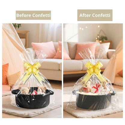 momolette Basket for Gifts Empty, Woven Gift Basket Set with Gift Bag, Ribbon, Greeting Cards & 5.3 oz Raffia Paper Filler for Birthdays, Baby Showers, Weddings, Holidays (Black)