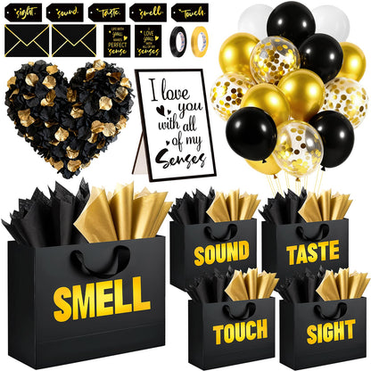 5 Senses Gift Bags for Him with Labels Tissue Paper, Five Senses Party Decoration Rose Petals Black Gold Balloons Greeting Card and Sign Holder Stand for Husband Boyfriend Birthday Party Decor