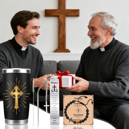 Pastor Appreciation Gifts for Men, Unique Pastor Gift Set, Thank You Gifts with Tumbler, Bracelet & Bookmark for Birthday Christmas Retirement, Present for Dad Husband Grandapa Friends